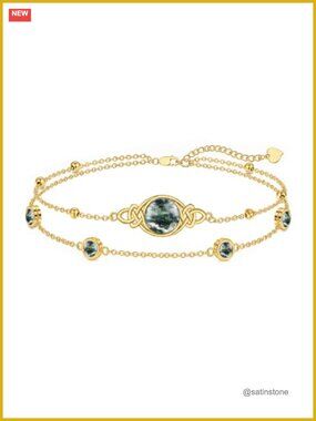 18K Gold Celtic Knot Layered Bracelet Moss Agate Birthstone